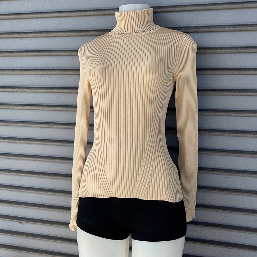 Essentials Beige Ribbed Turtleneck Top Size 2 - Picture 2 of 9